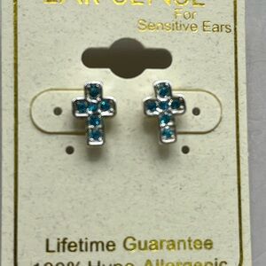 EAR SENSE Hypoallergenic Silver Tone Cross Stud Earrings w/ Teal Blue Crystals